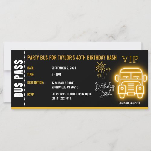 Gold Party Bus Pass Ticket VIP Milestone Birthday Invitation