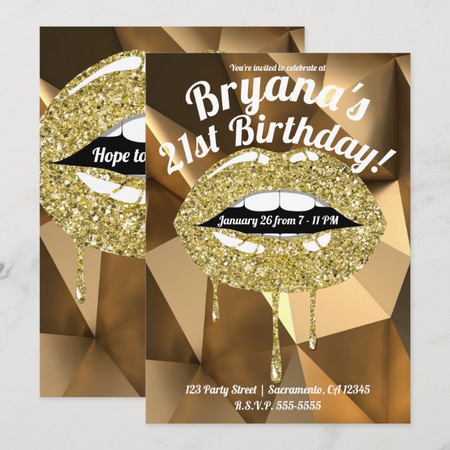 Gold Party Glam Luxury Glitter Drip Dripping Lips Invitation (Front/Back)