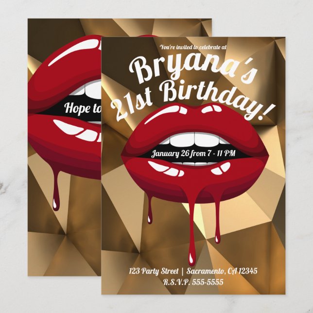 Gold Party Glam Luxury Red Drip Dripping Lips Invitation (Front/Back)