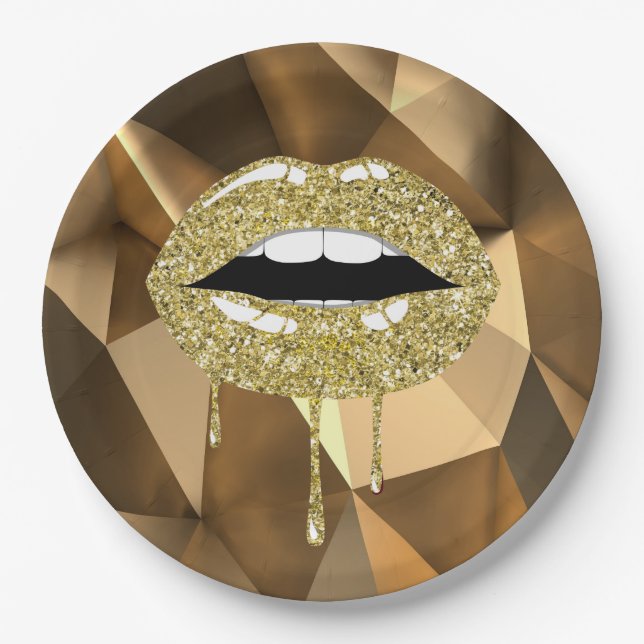 Gold Party Luxury Glam Glitter Drip Dripping Lips Paper Plates (Front)