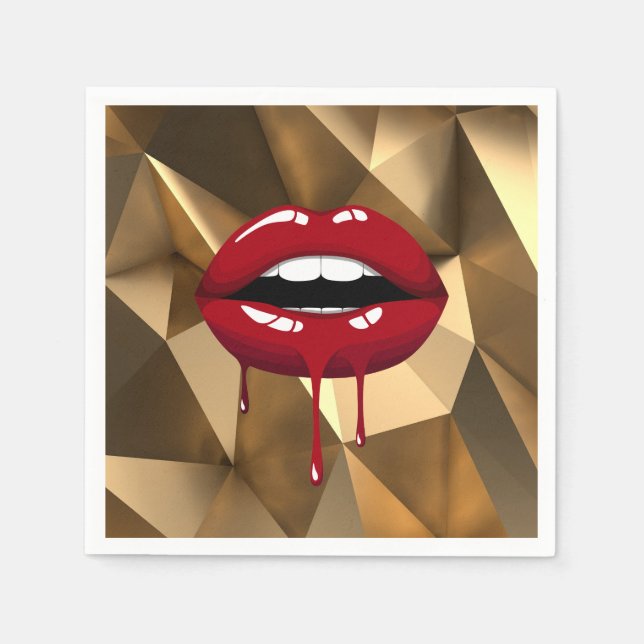 Gold Party Luxury Glam Red Drip Dripping Lips Napkins (Front)