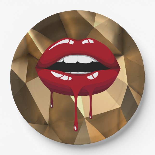 Gold Party Luxury Glam Red Drip Dripping Lips Paper Plates (Front)