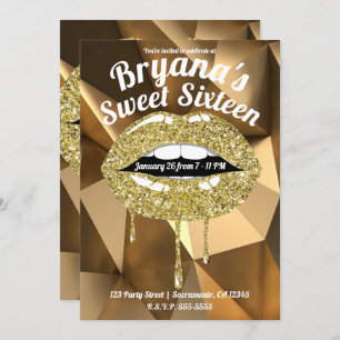 Gold Party Luxury Glitter Dripping Lips Sweet 16 Invitation