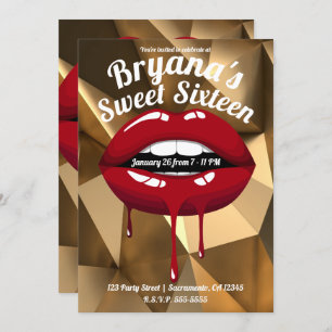 Gold Party Luxury Red Dripping Lips Sweet 16 Invitation