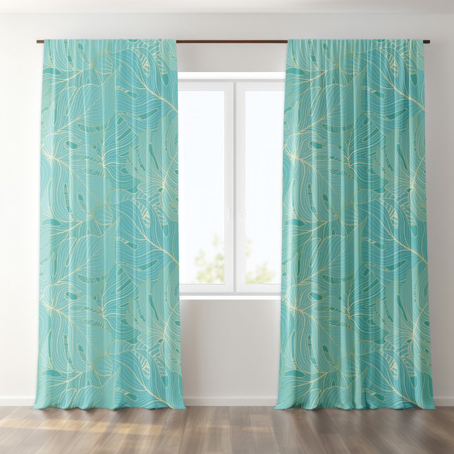 Gold Pastel Blue Palm Leaves Pattern Blackout Curtains (Creator Uploaded)