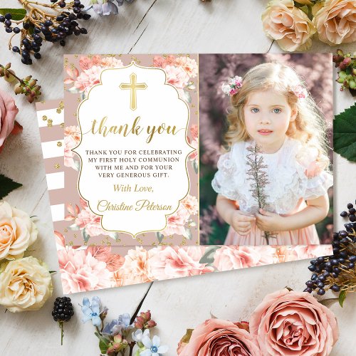 Gold Pastel Rosy Floral Communion Thank you Card