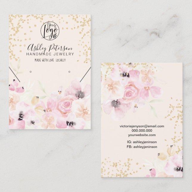 Gold pastel floral logo jewelry earring necklace business card (Front/Back)