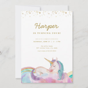 Gold Pastel Magical Unicorn Birthday Invitation