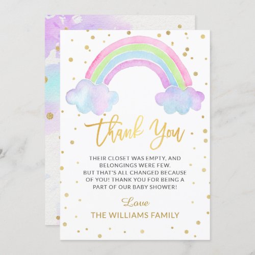 Gold Pastel Watercolor Rainbow Twins Baby Shower Thank You Card
