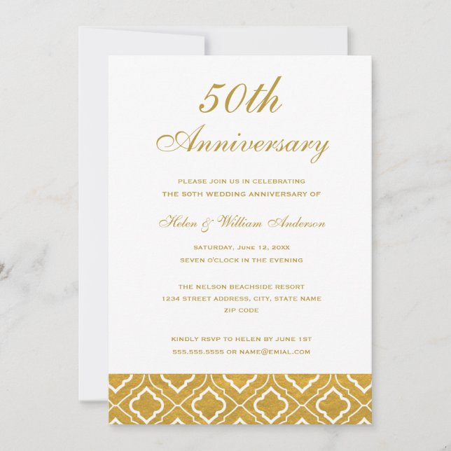 Gold Pattern 50th Wedding Anniversary Invitation (Front)