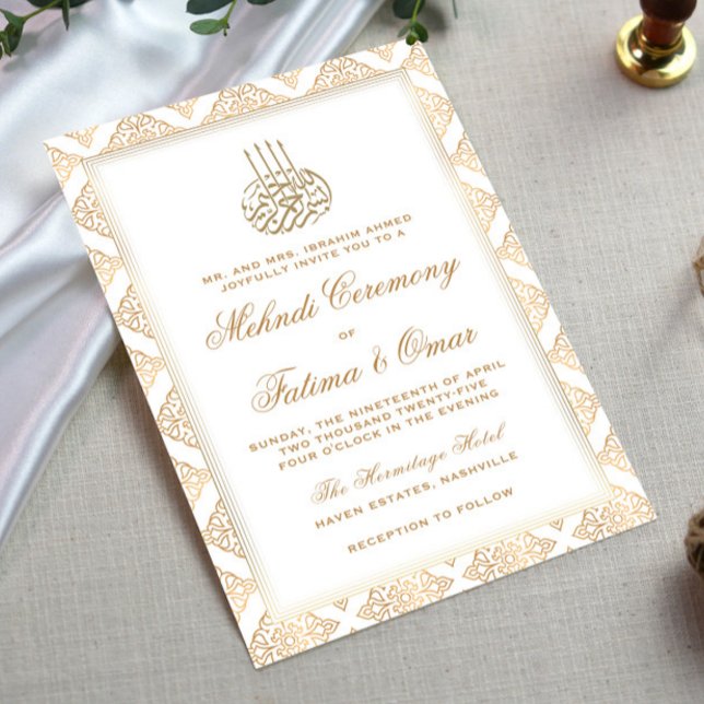 Gold Pattern Ornate Cream Islamic Mehndi Ceremony Invitation (Creator Uploaded)