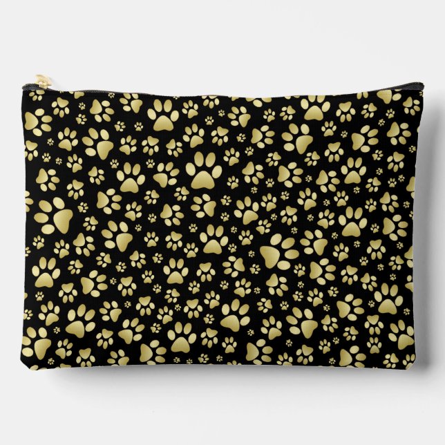 Gold pattern paws on black background accessory pouch (Front)