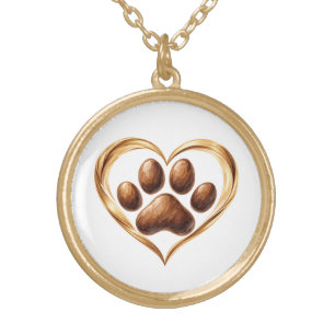 Gold Paw Print Heart Dog Love Plated Necklace
