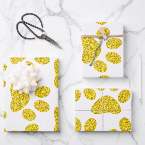 Gold Paw Print Patterns Golden White Cute Glittery Wrapping Paper Sheets