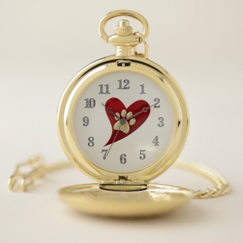 Gold Paw Print Red Heart Dog Cat Lover Pet Pocket Watch