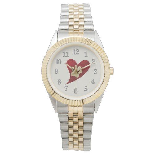 Gold Paw Print Red Heart Dog Cat Lover Pet Watch