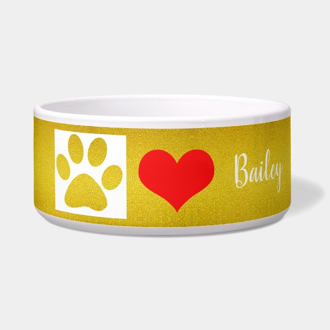 Gold Paw Prints Cute Red Heart Monograms Glittery Bowl (Front)