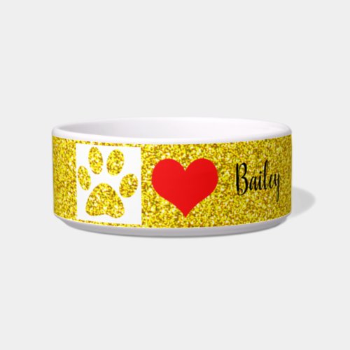 Gold Paw Prints Monograms Glittery Cute Red Heart  Bowl