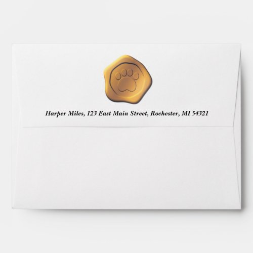 gold paw wax seal w return address envelope