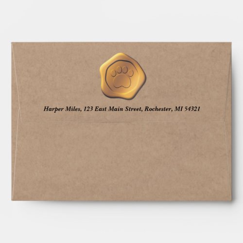 gold paw wax seal w return address on brown paper envelope