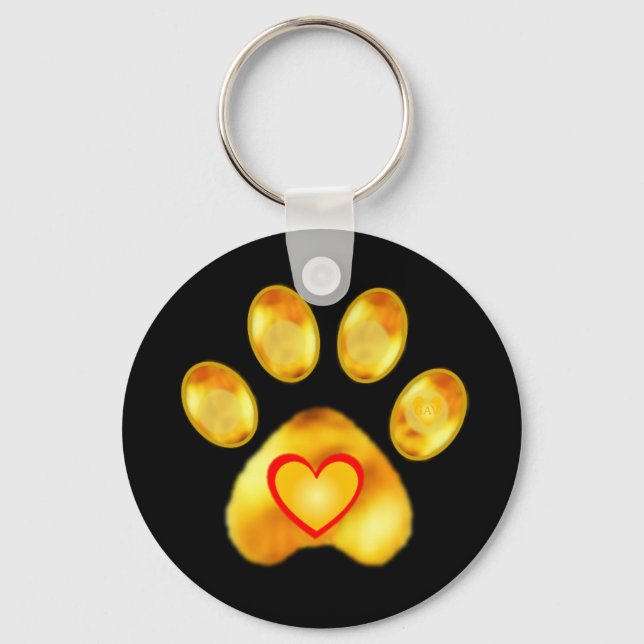 Gold Paw with Heart on Black Keychain (Front)