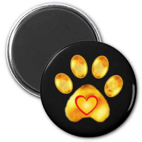 Gold Paw with Heart on Black Magnet
