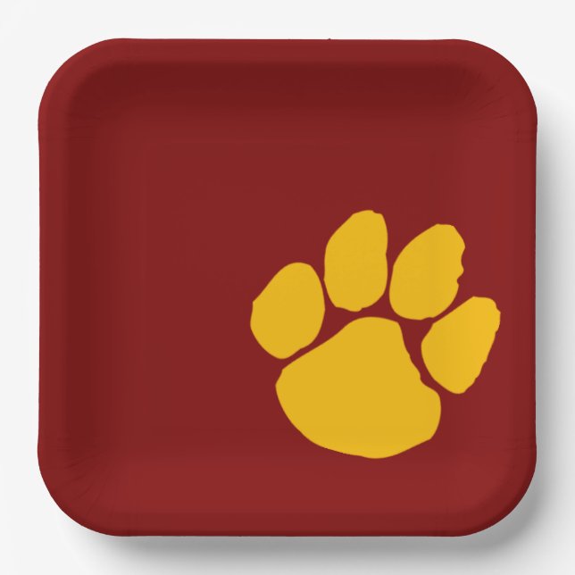 Gold Pawprint on Maroon Paper Party Plates (Front)
