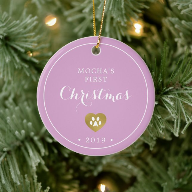 Gold Pawprints Cat's First Christmas Photo Ceramic Ornament (Tree)