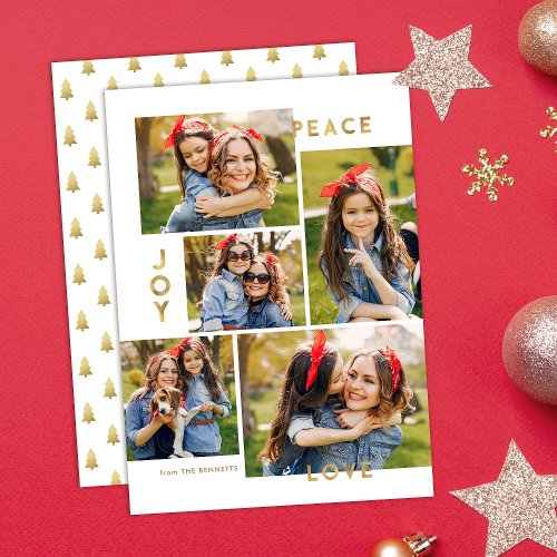 Gold Peace Joy Love 5 Photo Collage Christmas Holiday Card