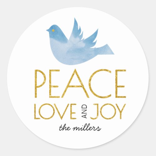 Gold Peace Love Joy blue dove Christmas Classic Round Sticker