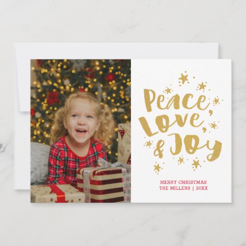 Gold Peace Love  Joy Holiday Photo Christmas Card