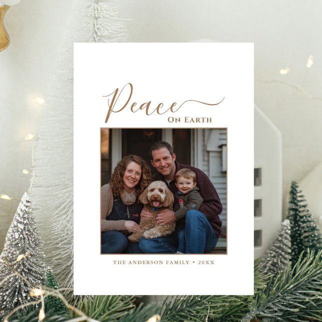 Gold Peace On Earth Family Dog Photo Christmas Holiday Card (Creator Uploaded)