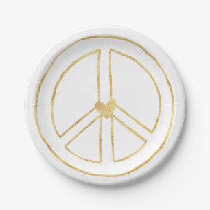 Gold Peace Sign Heart Paper Plates