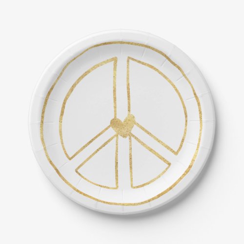 Gold Peace Sign Heart Paper Plates