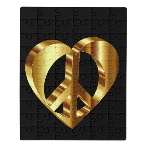 Gold Peace Sign With A Gold Heart Jigsaw Puzzle