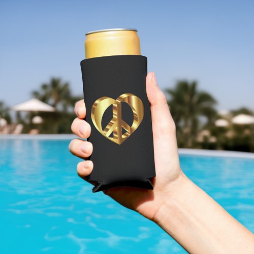 Gold Peace Sign With A Gold Heart Seltzer Can Cooler