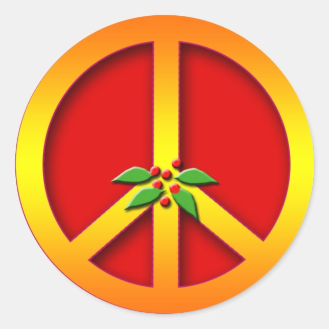 Gold Peace Sign with Holly Christmas Cards Classic Round Sticker (Front)