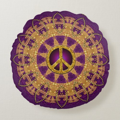 Gold Peace Vintage Bohemian Sunflower Yoga Sun Round Pillow