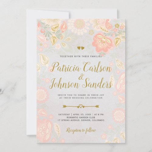 Gold Peach and Blush Spring Blooms Wedding Grey Invitation