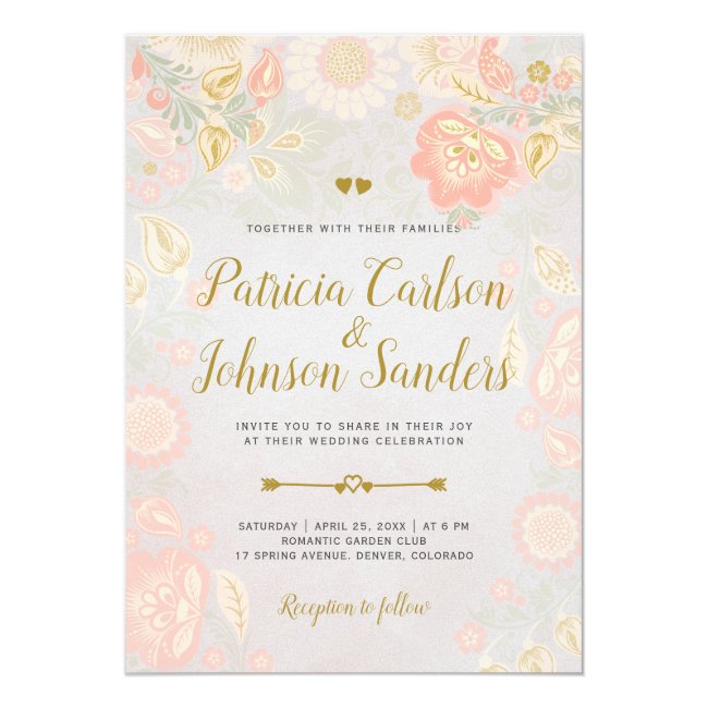 Gold Peach and Blush Spring Blooms Wedding Grey Invitation