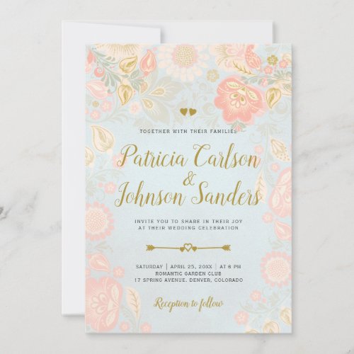 Gold Peach and Blush Spring Blooms Wedding Invitation