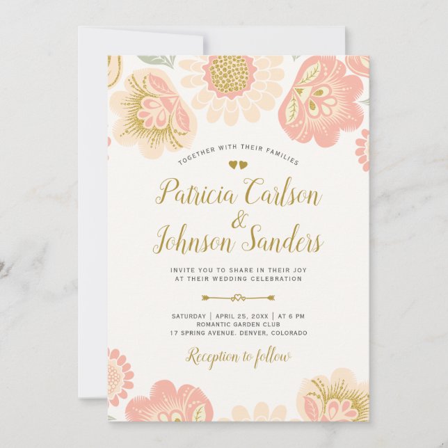 Gold Peach and Blush Spring Blooms Wedding Invitation (Front)