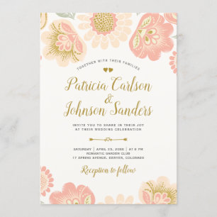 Gold Peach and Blush Spring Blooms Wedding Invitation