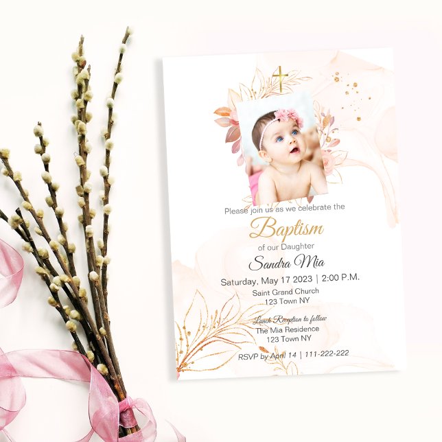 Gold Peach Baptism Invitation (Gold Peach Baptism Invite)