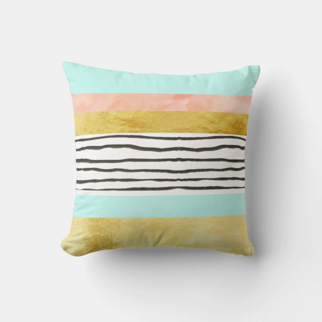 Gold Peach Blue Stripes Watercolor Pillow (Front)