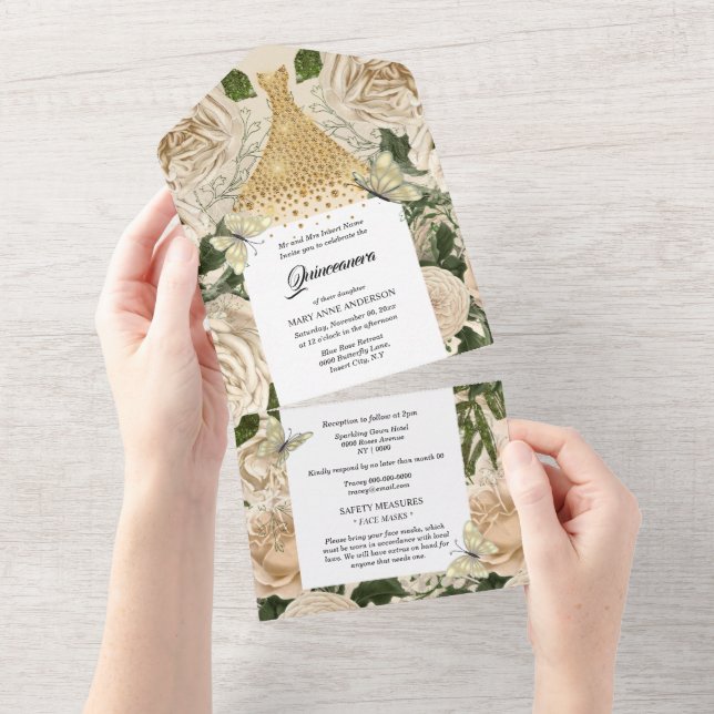 Gold peach butterfly sparkling gown birthday  all in one invitation (Tearaway)