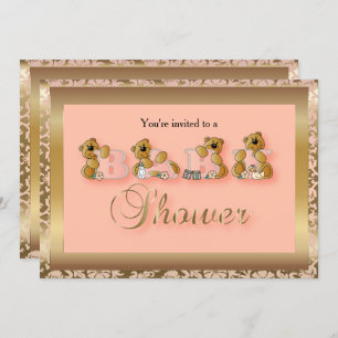 Gold & Peach Damask with Teddy Bears Baby Shower Invitation