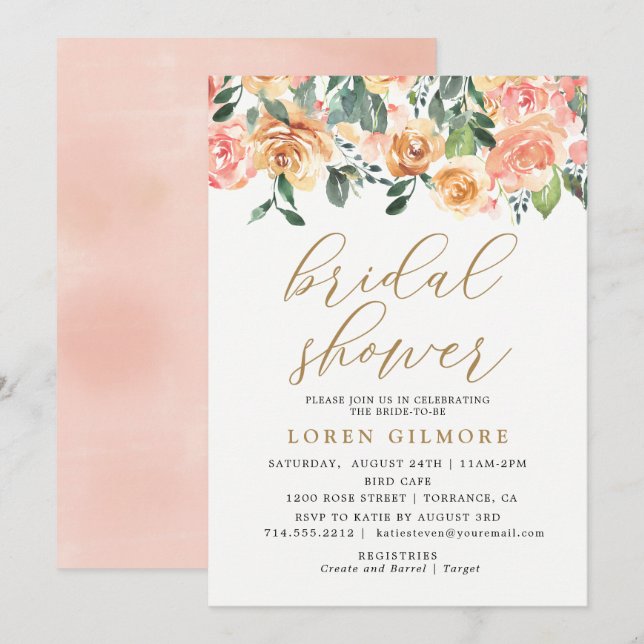 Gold Peach Floral Bridal Shower Invitation (Front/Back)