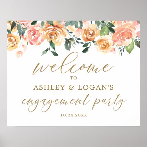 Gold Peach Floral Engagement Party Welcome Poster