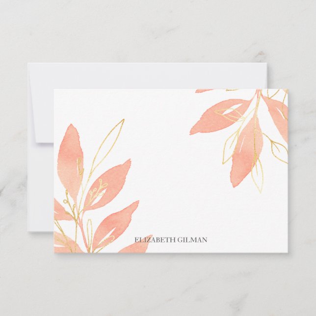Gold Peach Floral Personalized Stationery Thank You Card (Front)